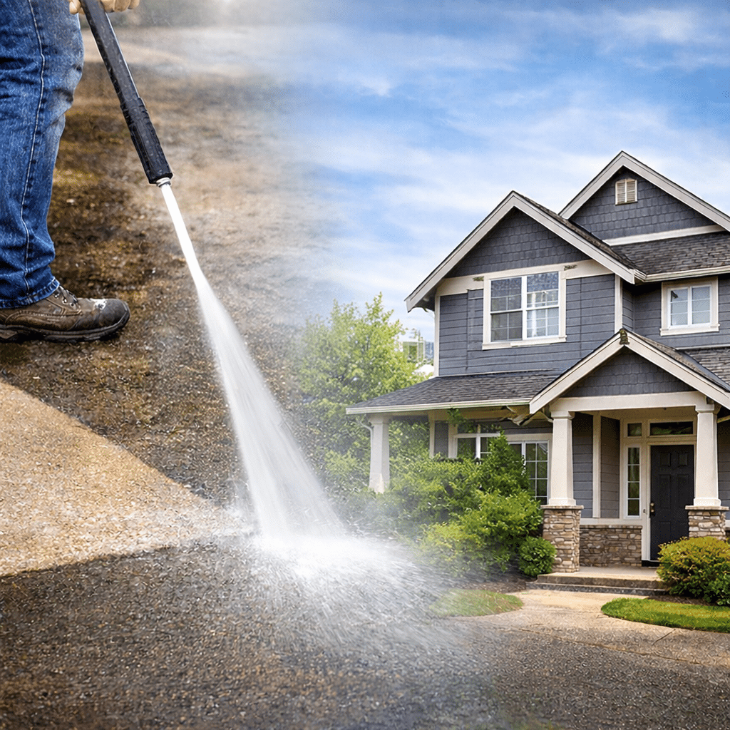 pressure washing driveway and house exterior